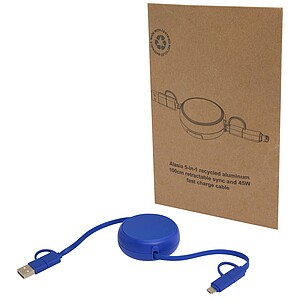 Alasia 5-in-1 100 cm recycled plastic and aluminium retractable data sync and 45W fast charge cable, royal blue