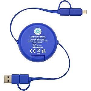 Alasia 5-in-1 100 cm recycled plastic and aluminium retractable data sync and 45W fast charge cable, royal blue