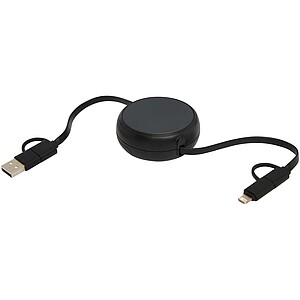 Alasia 5-in-1 100 cm recycled plastic and aluminium retractable data sync and 45W fast charge cable, solid black