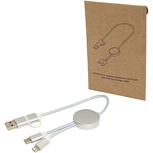 Alasia 5-in-1 recycled aluminium and plastic 30 cm data sync and 27W fast charge cable, silver