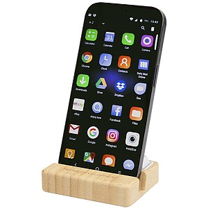 Algol recycled plastic phone stand and fidget toy with bamboo details, wood