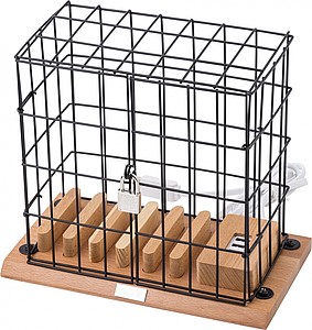 Aluminium and wooden phone holder cage, including USB ports and lock with 2 small keys.