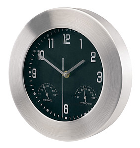 Aluminium wall clock "Jupiter" with hygro/ thermometer,colour silver