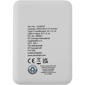 Asama 5000 mAh Type-C recycled plastic power bank, white