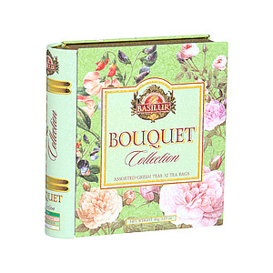BASILUR Book Assorted 32 Bouquet tin 32x1.5g - gift collection of green teas flavored with flavoring parts of plants (pieces of fruit), portioned