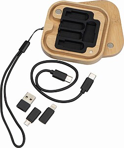 Cable and adapter set in a bamboo box