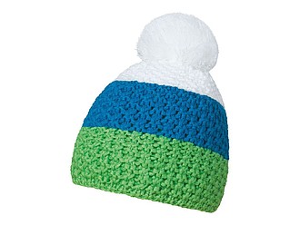 Cable knit winter hat, green+blue+white
