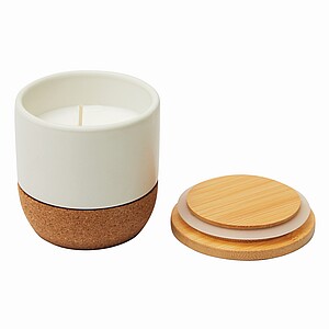 Candle in ceramic pot with bamboo lid, white