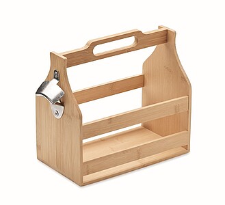 Carry crate in bamboo including a metal bottle opener