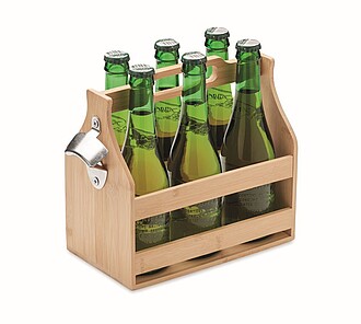 Carry crate in bamboo including a metal bottle opener