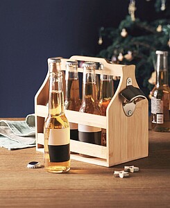 Carry crate in bamboo including a metal bottle opener