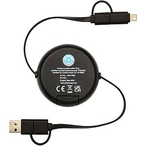Chechia 5-in-1 recycled plastic 100 cm retractable data sync and 45W fast charge cable, solid black