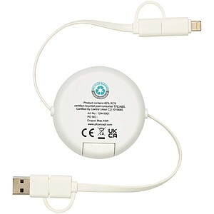 Chechia 5-in-1 recycled plastic 100 cm retractable data sync and 45W fast charge cable, white