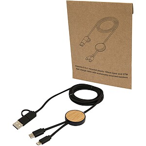 Chechia 5-in-1 recycled plastic 150 cm data sync and 27W fast charge cable with bamboo details, solid black