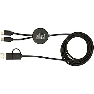 Chechia 5-in-1 recycled plastic 150 cm data sync and 27W fast charge cable with bamboo details, solid black