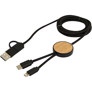 Chechia 5-in-1 recycled plastic 150 cm data sync and 27W fast charge cable with bamboo details, solid black