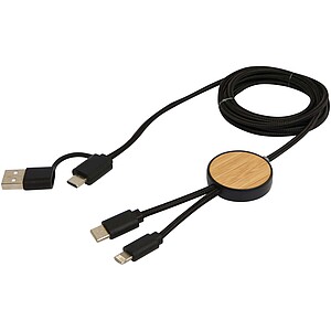 Chechia 5-in-1 recycled plastic 150 cm data sync and 27W fast charge cable with bamboo details, solid black