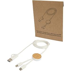 Chechia 5-in-1 recycled plastic 150 cm data sync and 27W fast charge cable with bamboo details, white