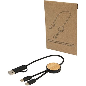 Chechia 5-in-1 recycled plastic 30 cm data sync and 27W fast charge cable with bamboo details, solid black