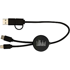 Chechia 5-in-1 recycled plastic 30 cm data sync and 27W fast charge cable with bamboo details, solid black
