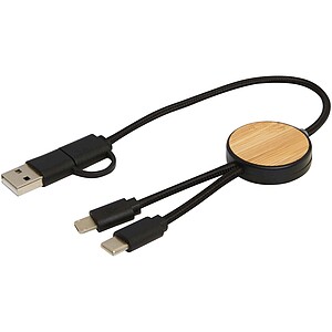 Chechia 5-in-1 recycled plastic 30 cm data sync and 27W fast charge cable with bamboo details, solid black