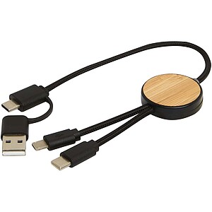 Chechia 5-in-1 recycled plastic 30 cm data sync and 27W fast charge cable with bamboo details, solid black