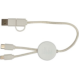 Chechia 5-in-1 recycled plastic 30 cm data sync and 27W fast charge cable with bamboo details, white