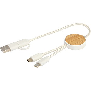 Chechia 5-in-1 recycled plastic 30 cm data sync and 27W fast charge cable with bamboo details, white