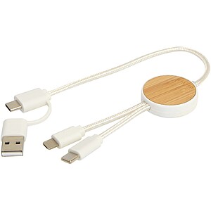 Chechia 5-in-1 recycled plastic 30 cm data sync and 27W fast charge cable with bamboo details, white