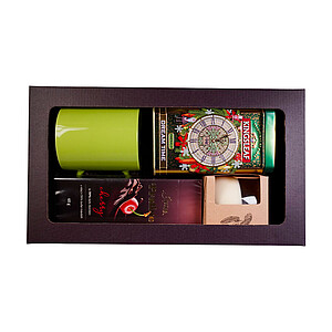 DARELA GREEN Sada obsahující francouzské sušenky, sypaný čaj, svíčku a zelený hrnek, v dárkové krabici