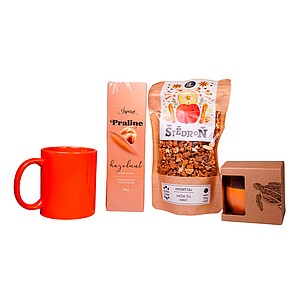 DARELA ORANGE Sada obsahující francouzské sušenky, čaj, svíčku a oranžový hrnek, v dárkové krabici