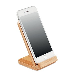 Double coil wireless charger for 1 device in bamboo casing and with stand functionality.