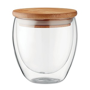 Double wall high borosilicate glass with bamboo lid with silicone ring. Capacity 250 ml.
