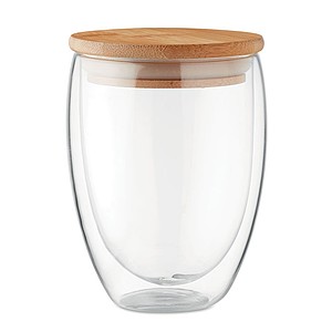 Double wall high borosilicate glass with bamboo lid with silicone ring. Capacity 350 ml.