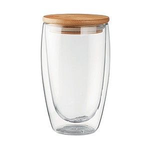 Double wall high borosilicate glass with bamboo lid with silicone ring. Capacity 450 ml.