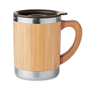 Double wall Stainless Steel tumbler with bamboo case and moveable drink hole. Capacity 300 ml.