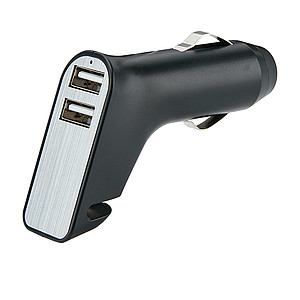 Dual port car charger with belt cutter and hammer, black