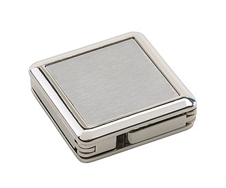Fold-out handbag holder with a stainless steel surface for advertisement,colour silver