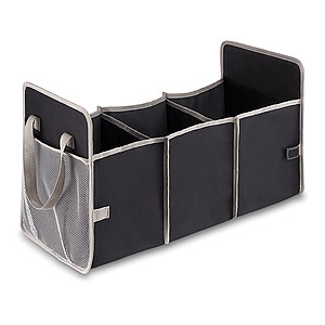 Foldable car organizer in 600D polyester and mesh pocket on side.
