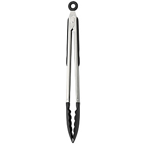 Food tongs with a rubber gripped handle.Black/silver