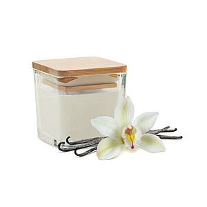 Fragranced plant based wax candle in squared glass holder with a bamboo lid