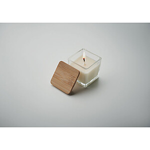 Fragranced plant based wax candle in squared glass holder with a bamboo lid