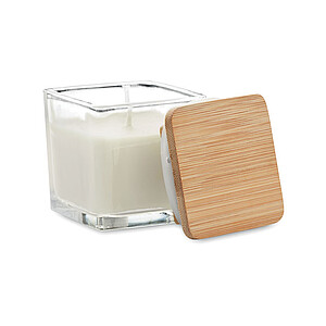Fragranced plant based wax candle in squared glass holder with a bamboo lid