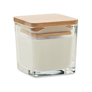 Fragranced plant based wax candle in squared glass holder with a bamboo lid