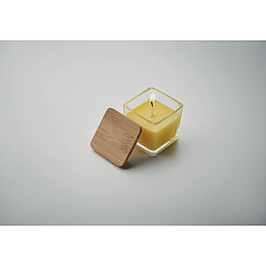 Fragranced plant based wax candle in squared glass holder with a bamboo lid