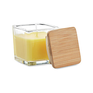 Fragranced plant based wax candle in squared glass holder with a bamboo lid