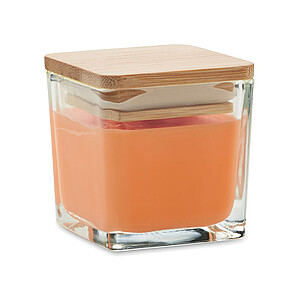 Fragranced plant based wax candle in squared glass holder with a bamboo lid