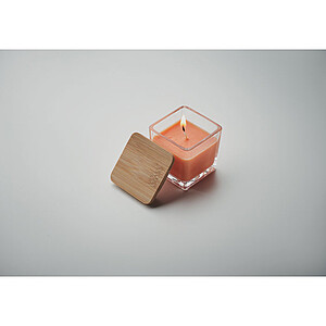Fragranced plant based wax candle in squared glass holder with a bamboo lid