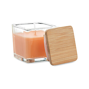 Fragranced plant based wax candle in squared glass holder with a bamboo lid
