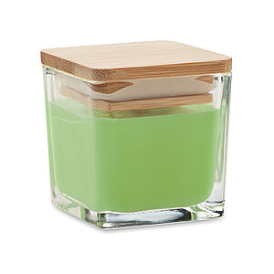Fragranced plant based wax candle in squared glass holder with a bamboo lid